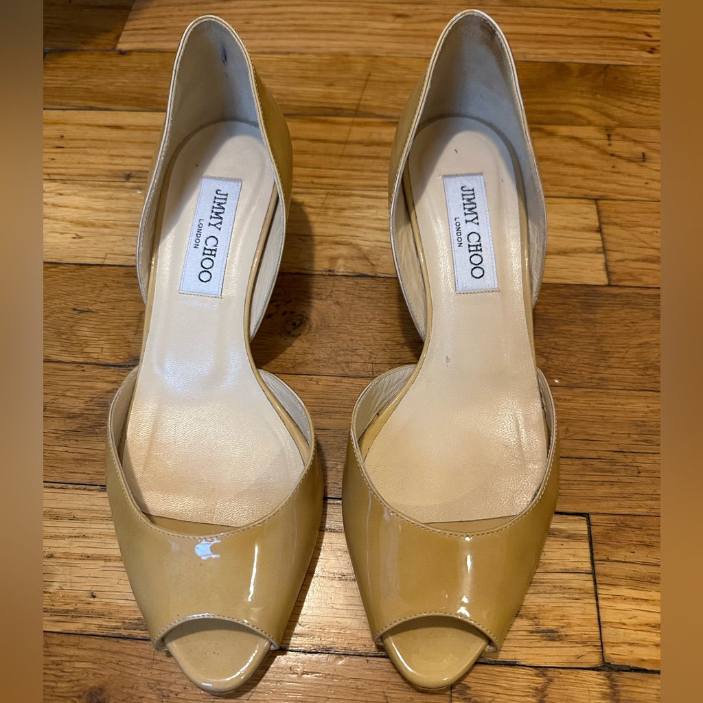 Jimmy Choo Patent Leather Peep Toe Kitten Heel